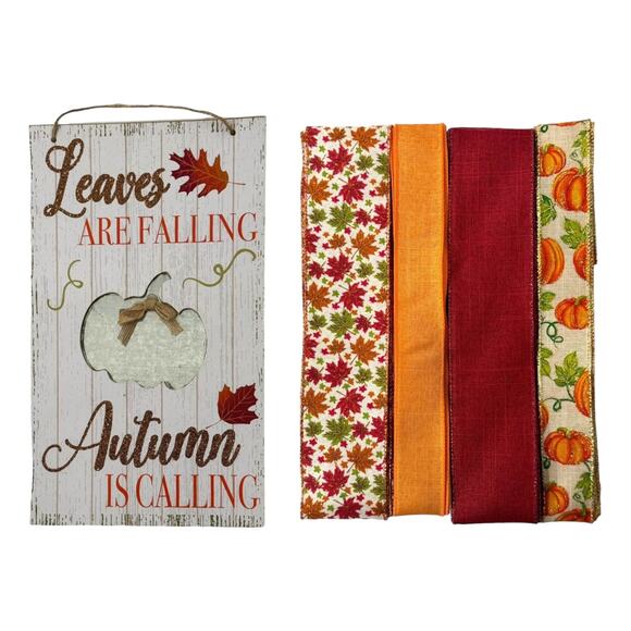 Fall Wreath Kit "Leaves Are Falling Autumn Is Calling" Sign Ribbons Bundle Set - Picture 1 of 5